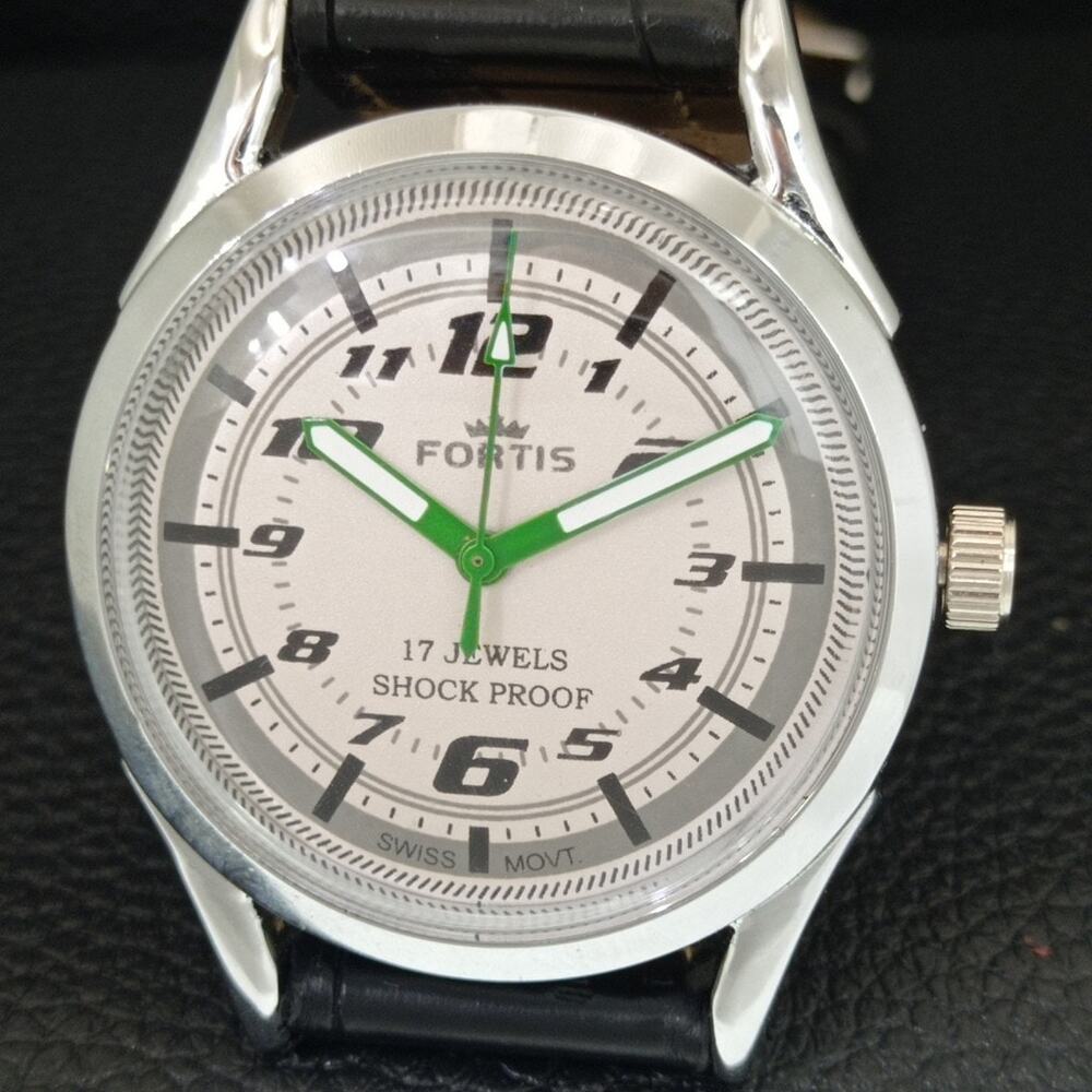 Vintage 1975 Fortis Manual Mens Silver Watch W/Leather Strap & Green accents - Picture 3 of 9